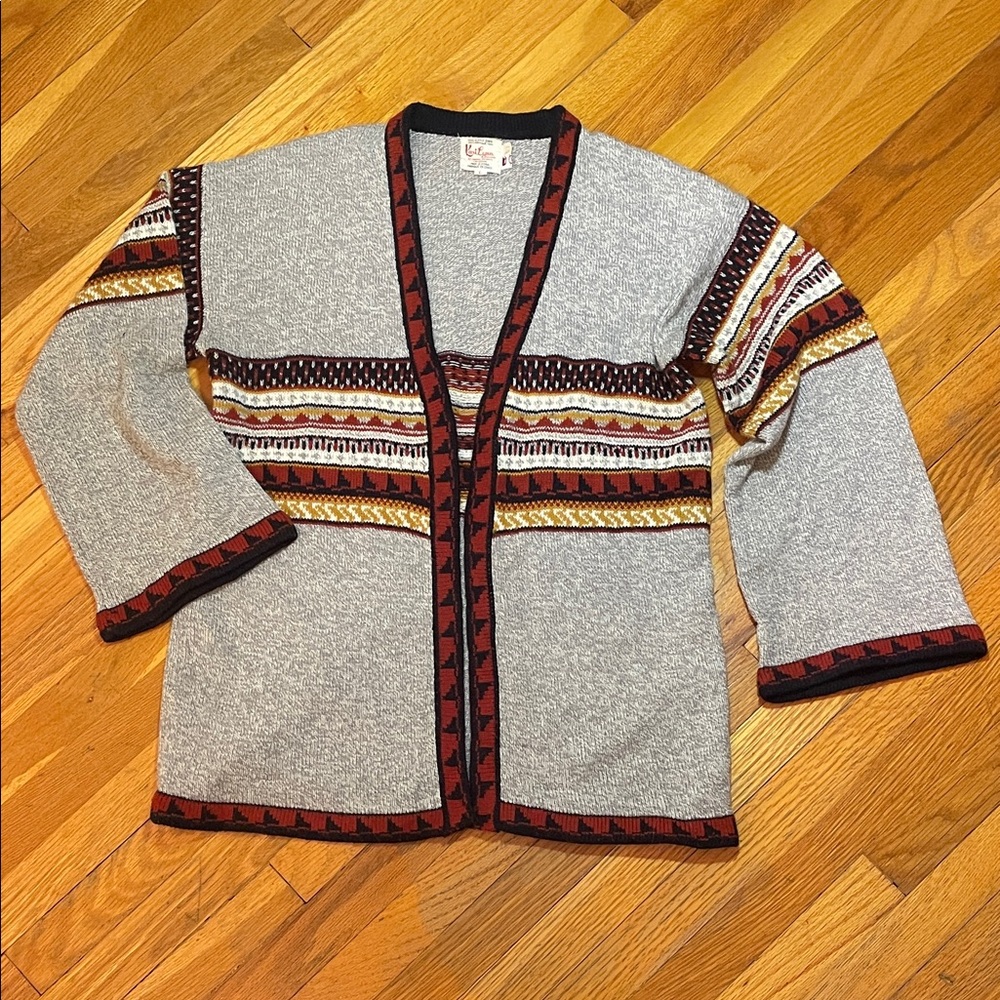 Vintage 90s KARI LYNN Patterned Boho Knitwear Cardigan Red Black Gold Cottage